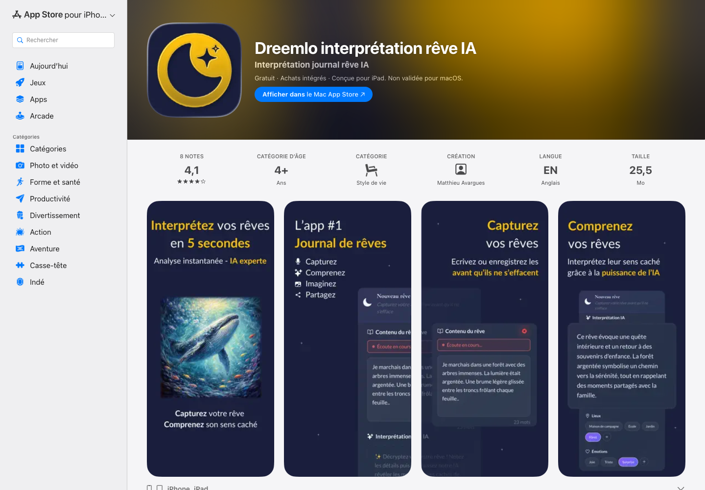 Dreemlo interprétation rêve IA App Store page screenshot
