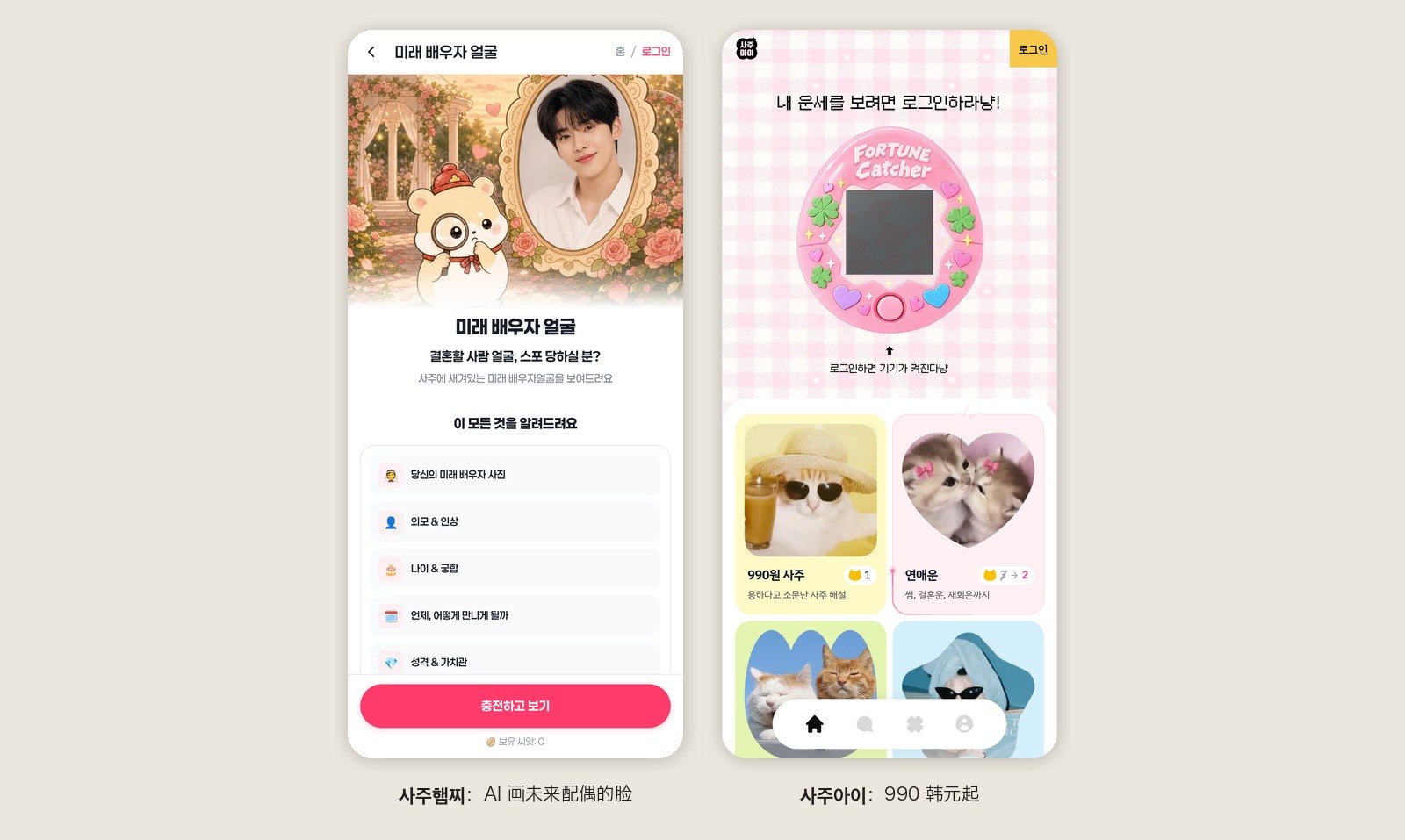 两张网站截图：사주햄찌「미래 배우자 얼굴」页面，示例图是 AI 画出的一张男性脸，按钮写充值后查看；사주아이首页，990 韩元八字与恋爱运卡片