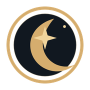 Dear Arcana gold moon and star mark on a dark circular background