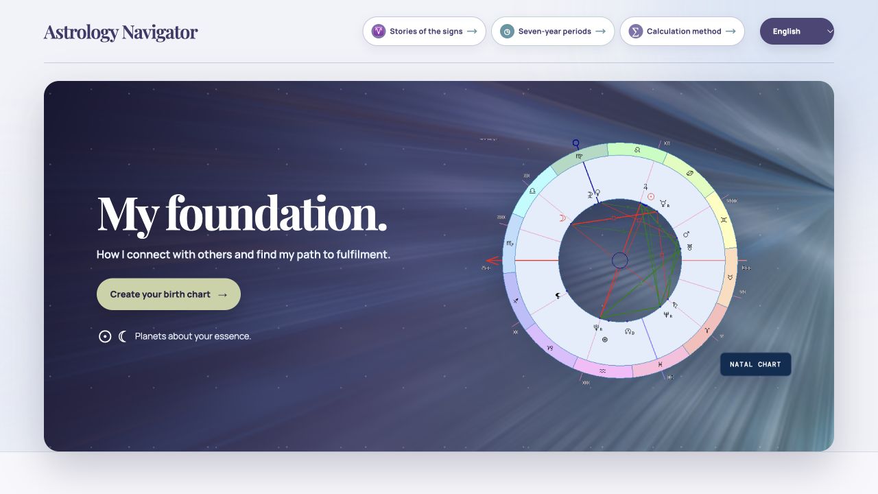 Astrology Navigator home page with a natal chart wheel