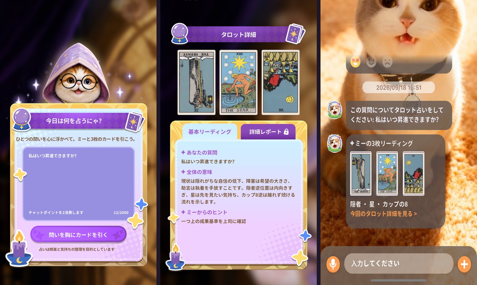 Three Meowster screenshots: a hooded cat asks what to read today with "When can I get promoted?" typed in; the free reading shows the Hermit reversed, the Star and the Eight of Cups reversed with the detailed report locked; the chat log shows the cat's three-card reading