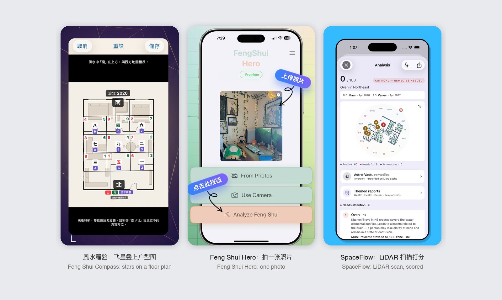 Three App Store screenshots: Feng Shui Compass overlaying annual flying stars on a floor plan; Feng Shui Hero analyzing an uploaded room photo; SpaceFlow scoring a LiDAR scan 0 out of 100 for an oven in the northeast