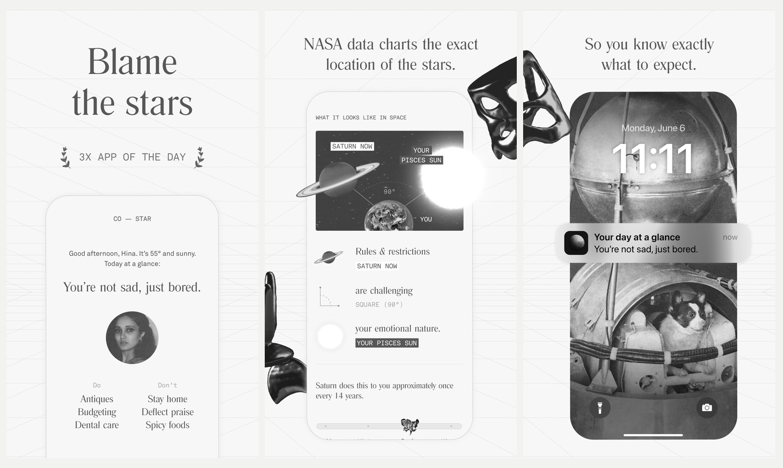 Three Co-Star App Store screenshots: the home screen with a day-at-a-glance line and a do and don't list, a page charting Saturn's angle to the sun with NASA data, and a lock-screen notification reading Your day at a glance