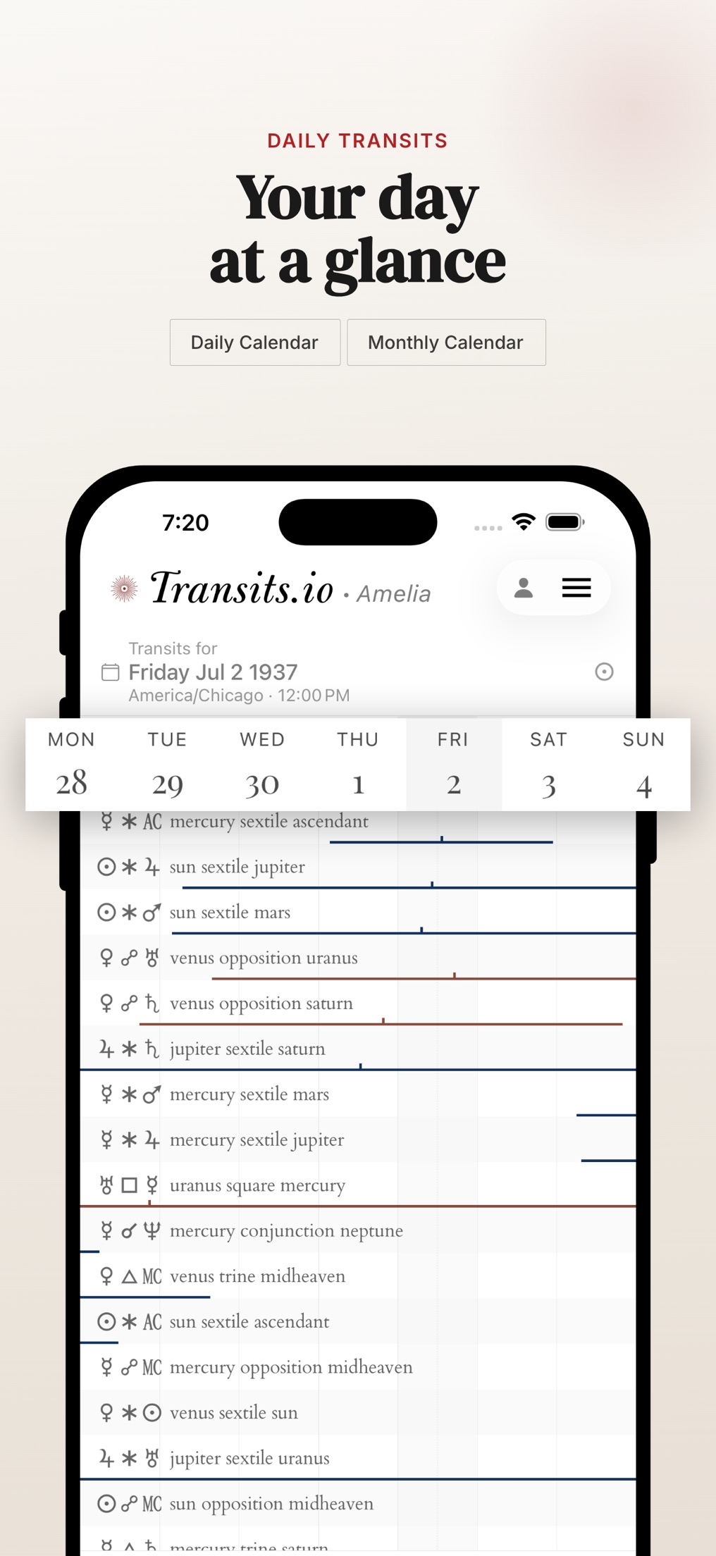 Transits.io Astrology Calendar screenshot