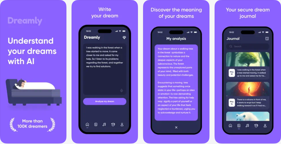 Dreamly App Store 宣传图，展示 AI 解梦、梦境输入和梦境日记界面