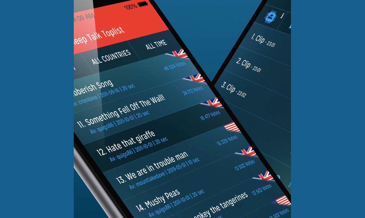 App Store screenshot of Sleep Talk Recorder showing the Sleep Talk Toplist, sorted by all countries and all time, with 10- to 20-second clips titled "Something Fell Off The Wall!", "Hate that giraffe", "We are in trouble man" and "Mushy Peas", each with more than 10,000 votes