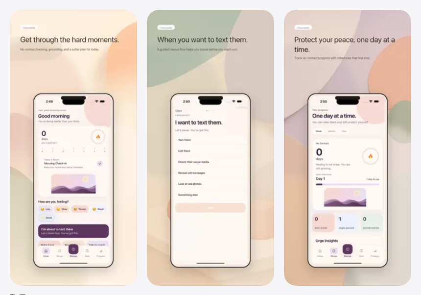 Choose Me App Store screenshots showing rescue mode, no-contact days, and daily check-ins