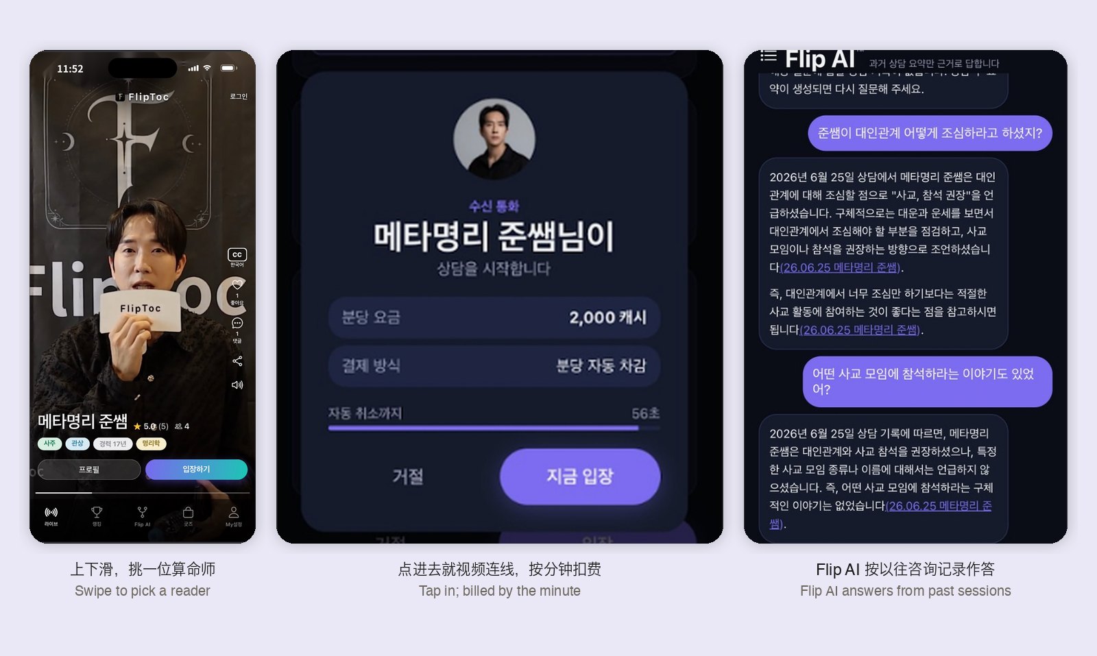 Three FlipToc App Store screenshots. Left: a saju reader's full-screen intro in the video feed, with a button to enter. Center: a confirmation card showing a rate of 2,000 points per minute, automatic per-minute charging and a 56-second auto-cancel timer. Right: the Flip AI chat, where a user asks what the reader said about relationships and the AI answers from a June 25, 2026 session, citing the date