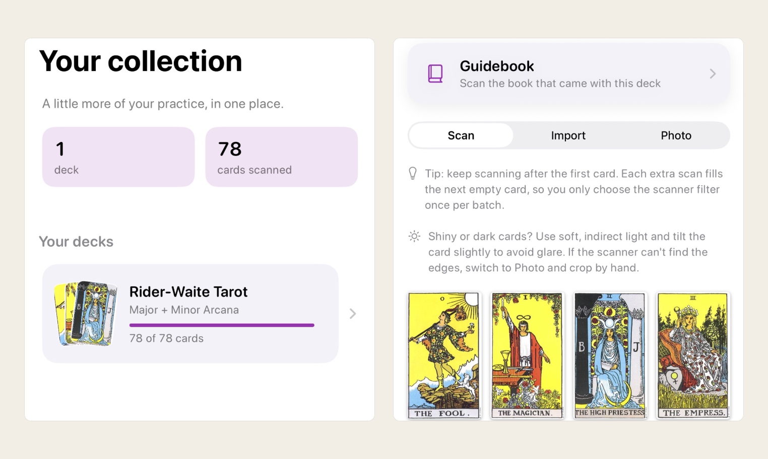 Crops of official Tarot Decks screenshots showing collection progress, the Guidebook entry and Scan, Import and Photo controls