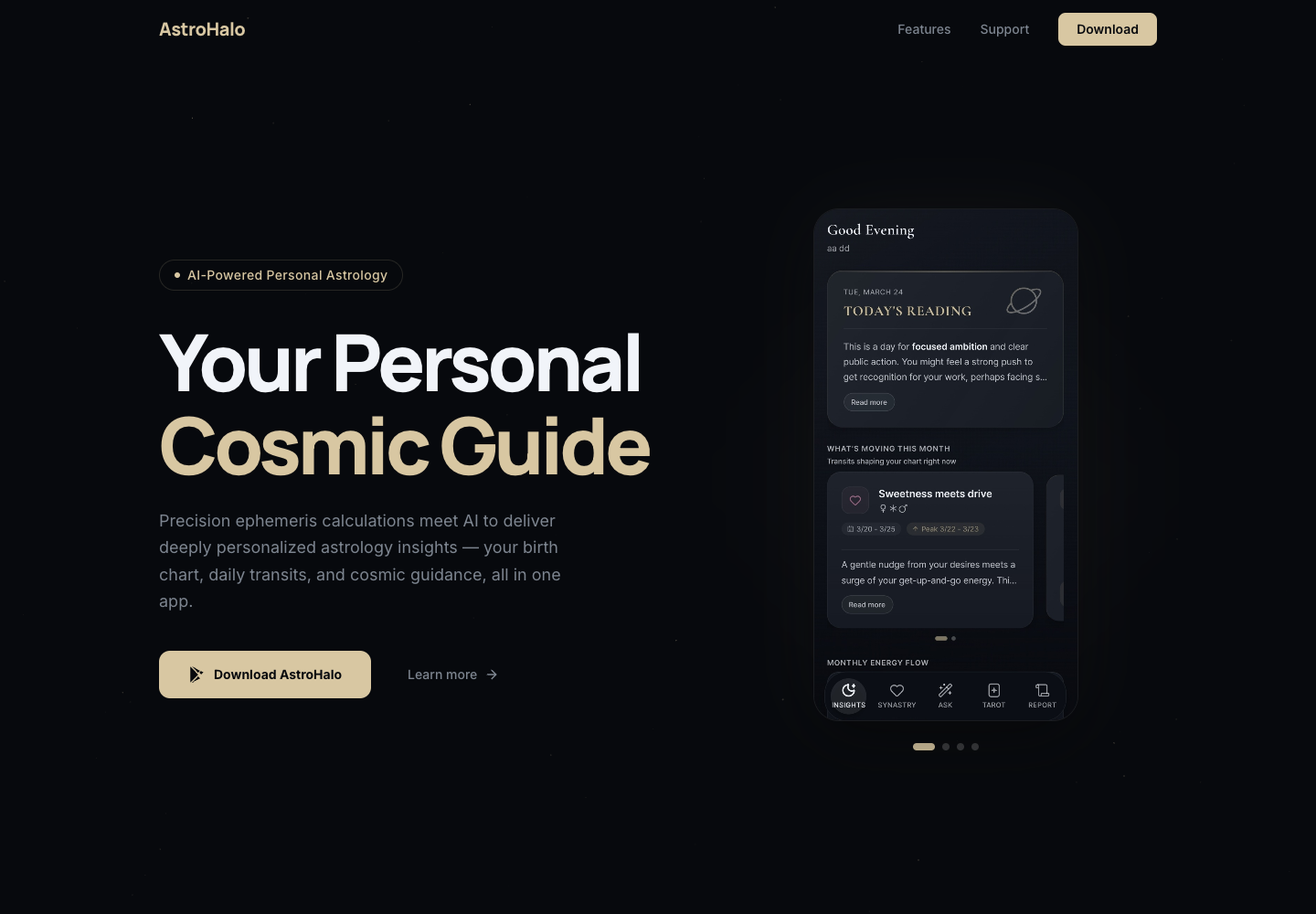 AstroHalo official homepage showing AI astrology app screens