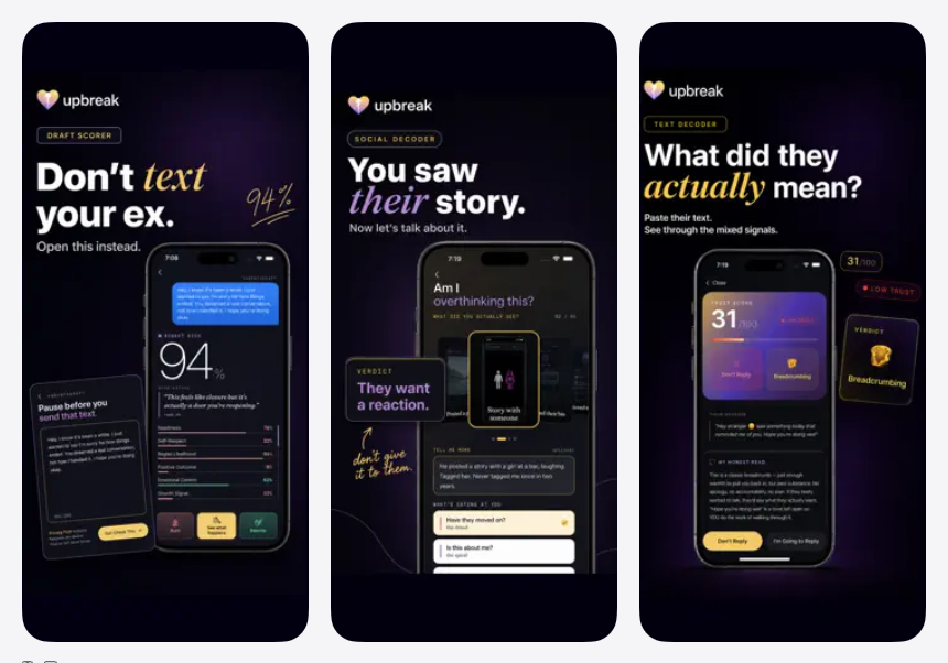 UpBreak App Store 宣传图,展示想联系前任时的草稿评分、消息解读和不联系记录