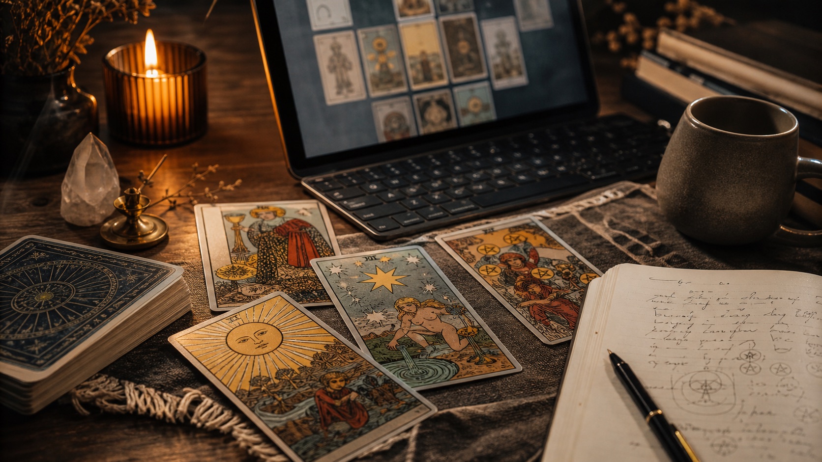 Editorial cover showing tarot cards, a notebook, and a digital reading workspace