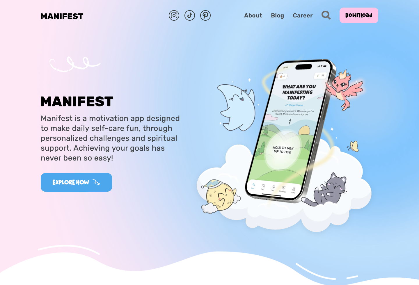 Manifest 官网页面,展示自我照顾、个性化挑战和聊天式练习