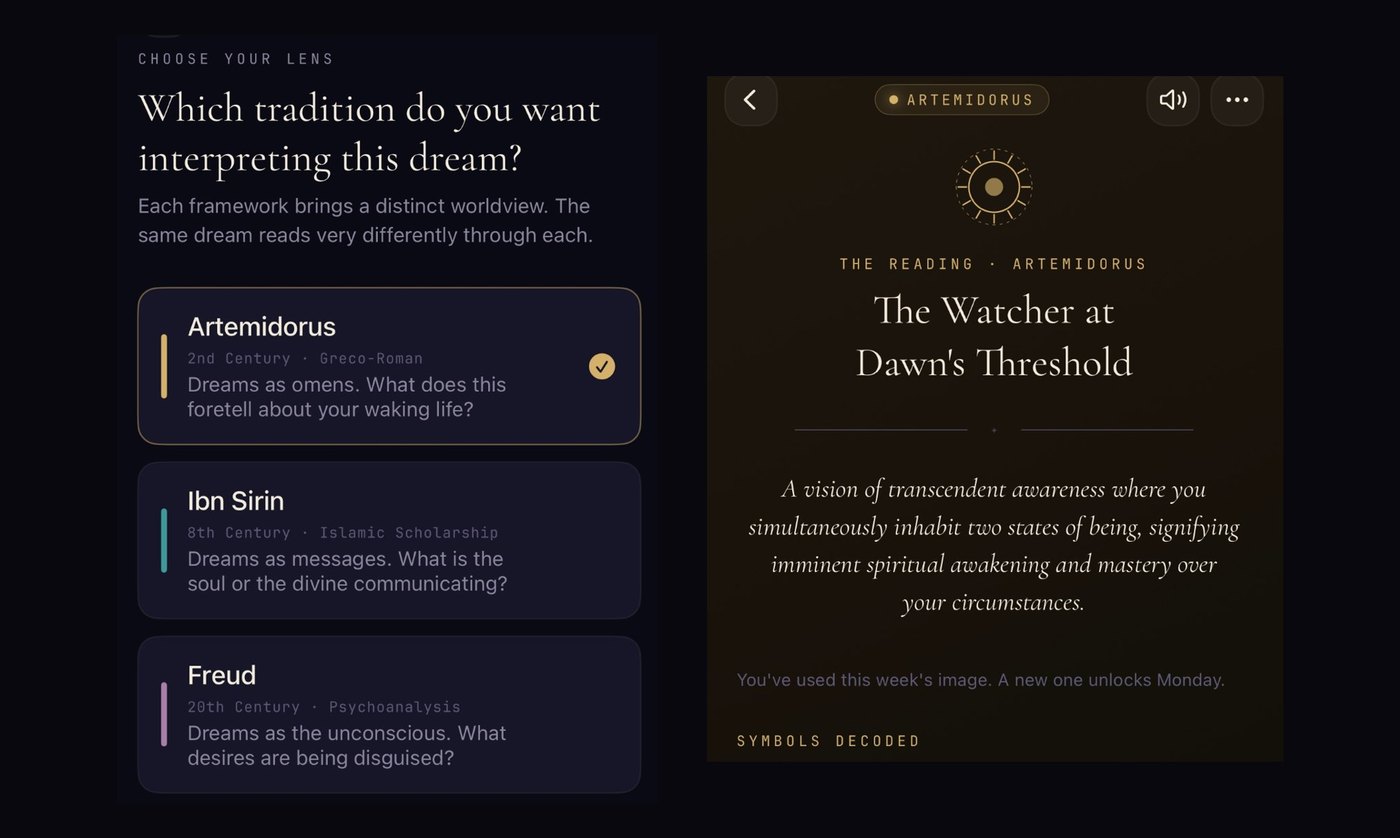 Mythos App Store screenshots: choosing between Artemidorus, Ibn Sirin and Freud, then a reading under Artemidorus